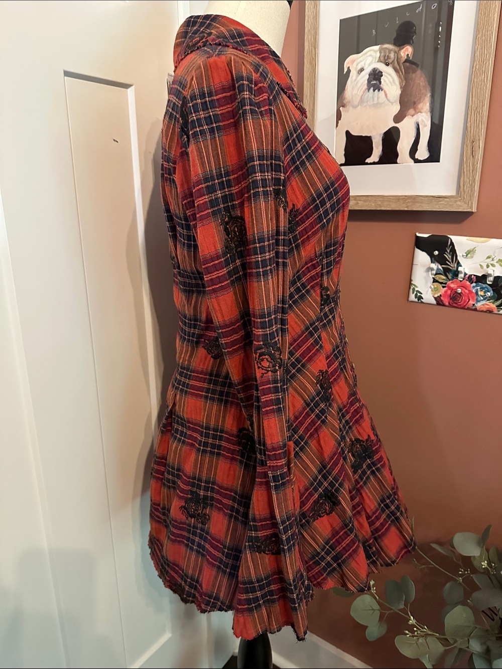 NWT Free People Ezra plaid embroidered button up bell cuff M raw edge tunic - Picture 7 of 16